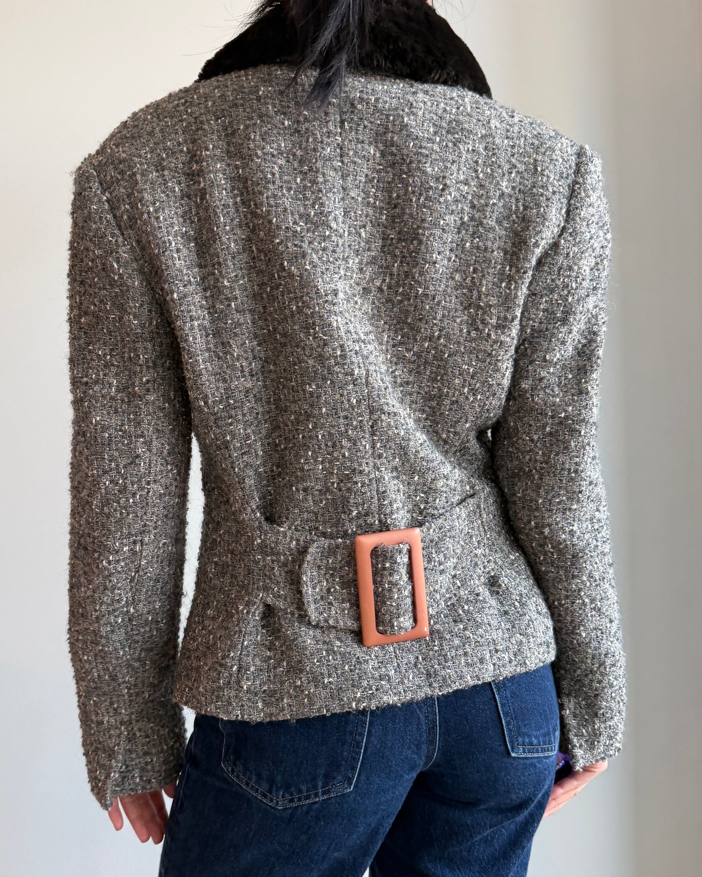 Italian Brand Grey Wool Mohair Faux Fur Collar Tweed Jacket - Medium