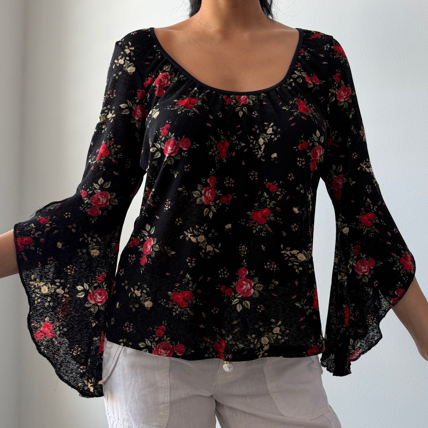 Per Una Black Floral Bell-Sleeve Blouse - Large