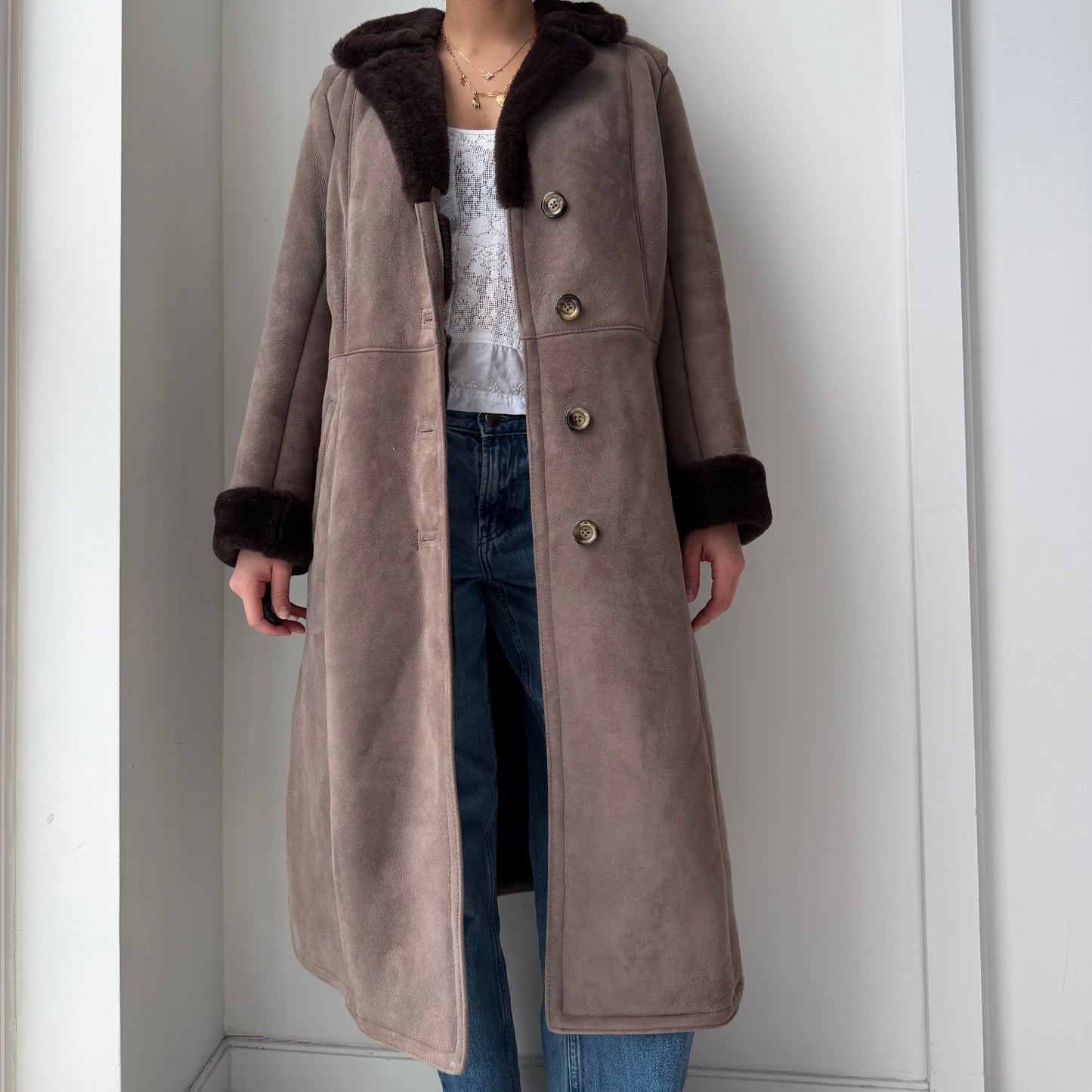 Vintage Made in Canada Brown Suede Leather Shearling Trim Coat - Small