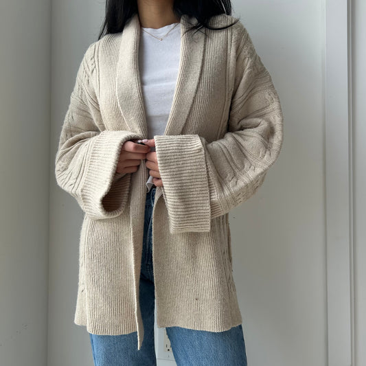 Costa Blanca Cableknit Belted Wool Blend Wrap Cardigan - Medium/Large