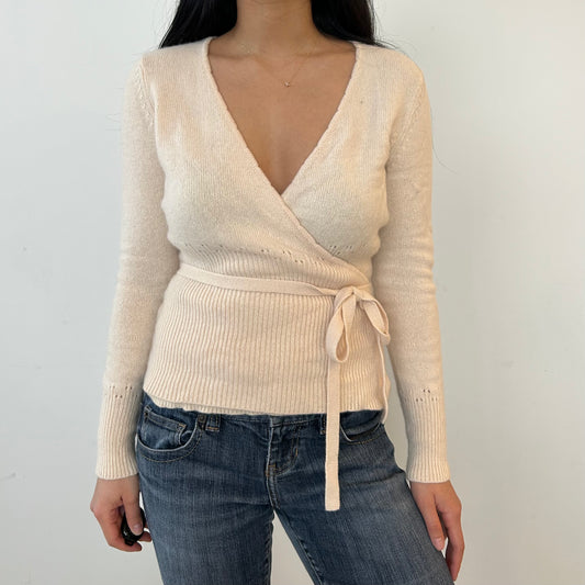 Cream Wool, Angora, and Cashmere Blend Wrap Cardigan - Small