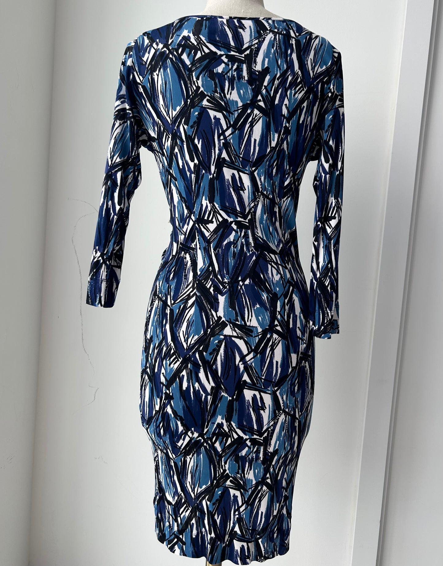 Early 2000s Miss Sixty Diamond Blue Abstract Print V-Neck Dress - Small
