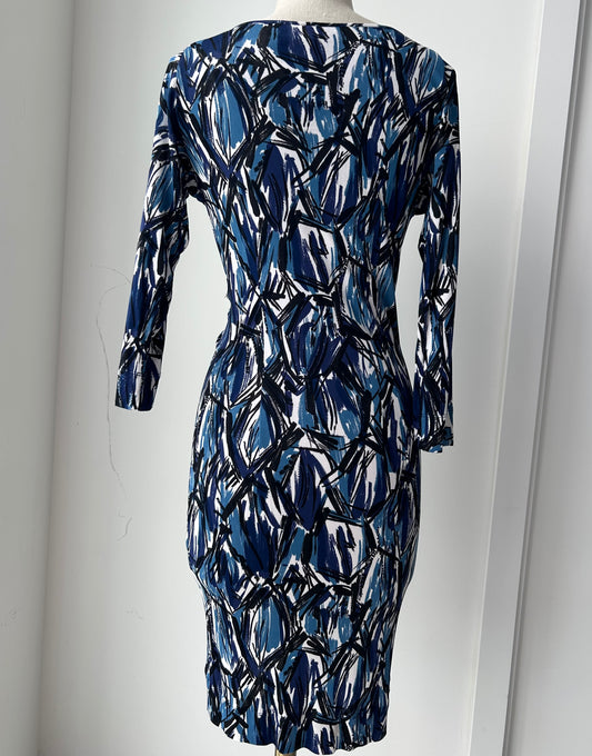 Early 2000s Miss Sixty Diamond Blue Abstract Print V-Neck Dress - Small