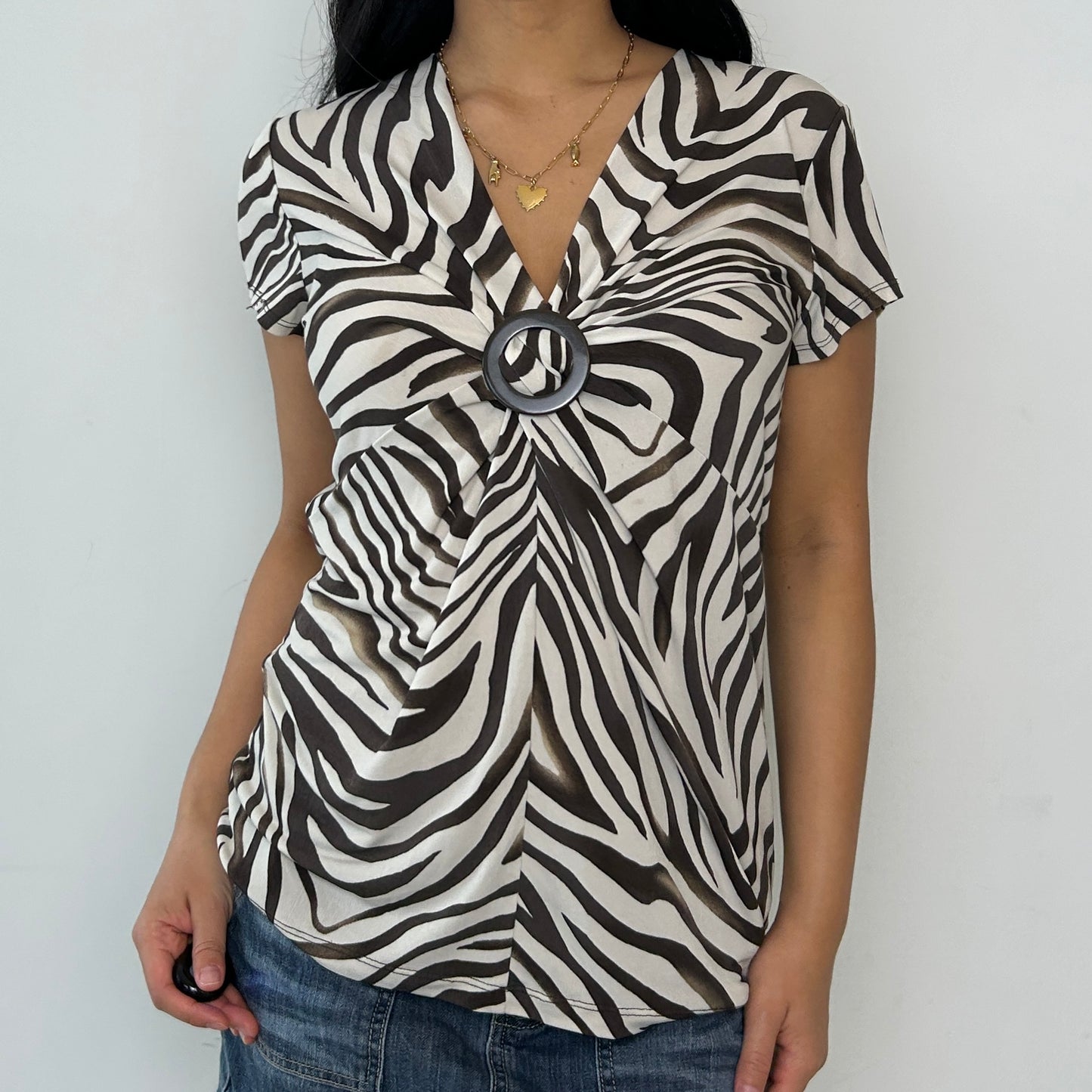 Brown Zebra Print O-Ring Blouse - Large