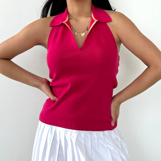 Pink Collared Backless Halter Vest - Small