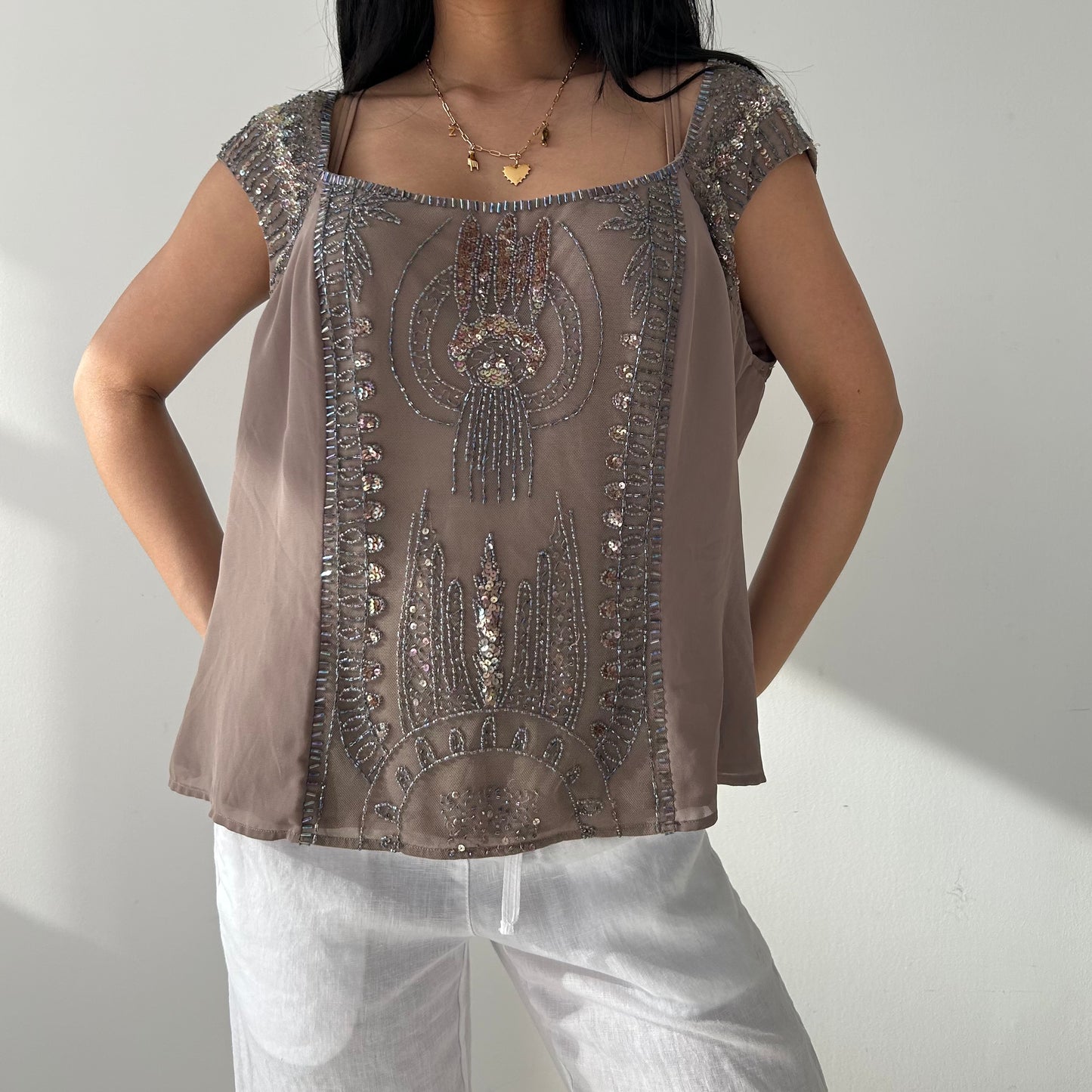 Taupe Embellished Cap-Sleeve Blouse - X-Large