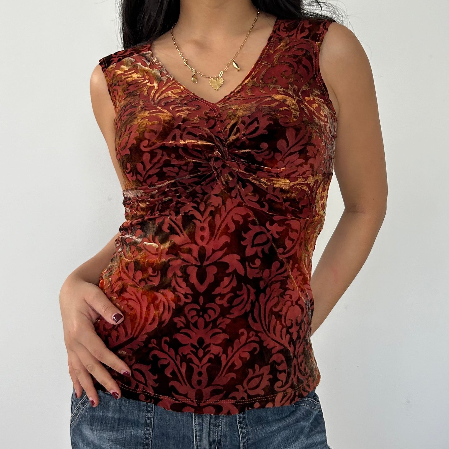 Vintage 90s Made in USA Burnt Orange Velvet Print Tank - Medium