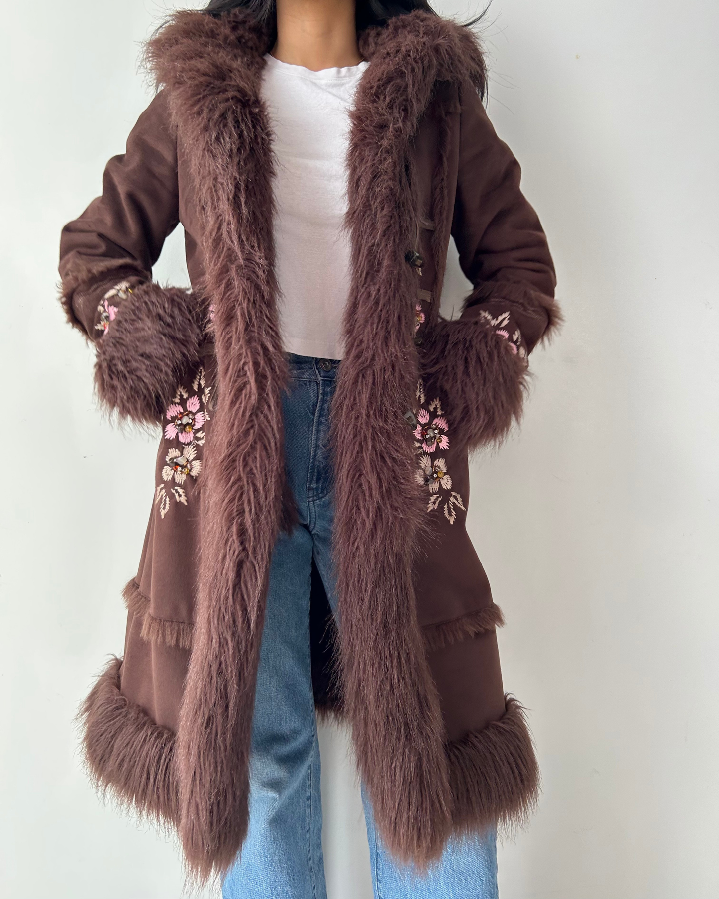 Aldo Brown Faux Shearling Embroidered Penny Lane Coat - Small