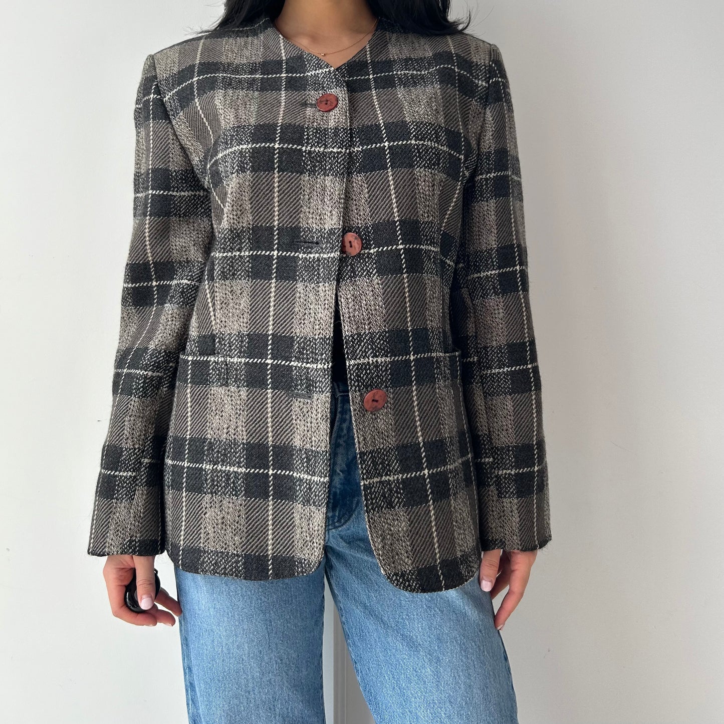 1990s Brown Plaid Pure Virgin Wool Blazer - Medium