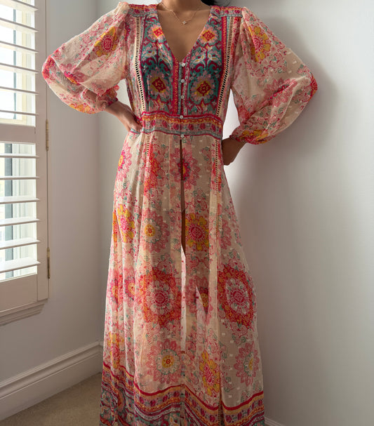 Zara Long Sleeve Floral Kaftan - X-Small