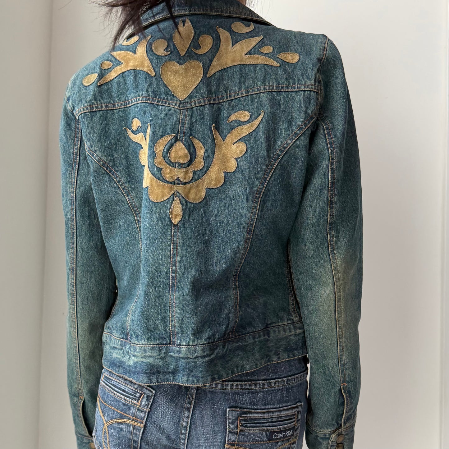 Old Label Nine West Leather-Panel Denim Biker Jacket - Medium