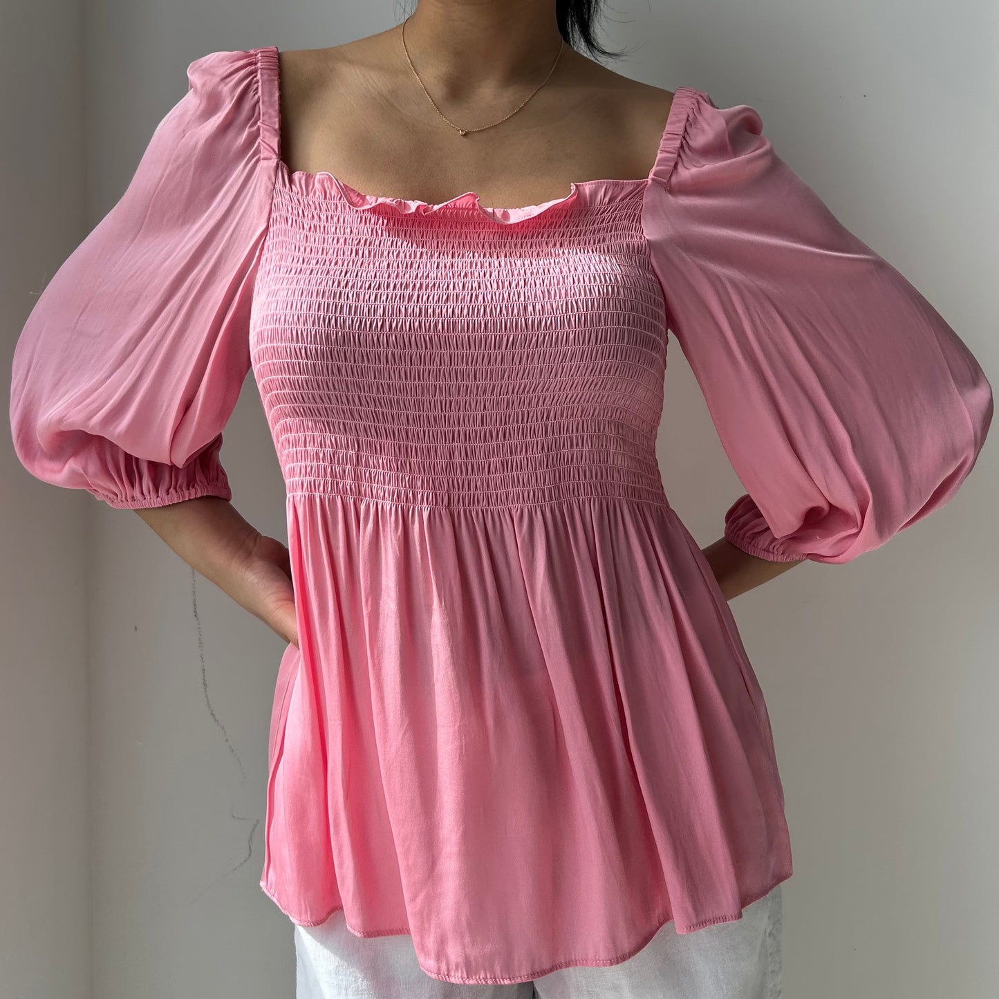 Trina Turk Pink Shirred Silk Blouse - Medium