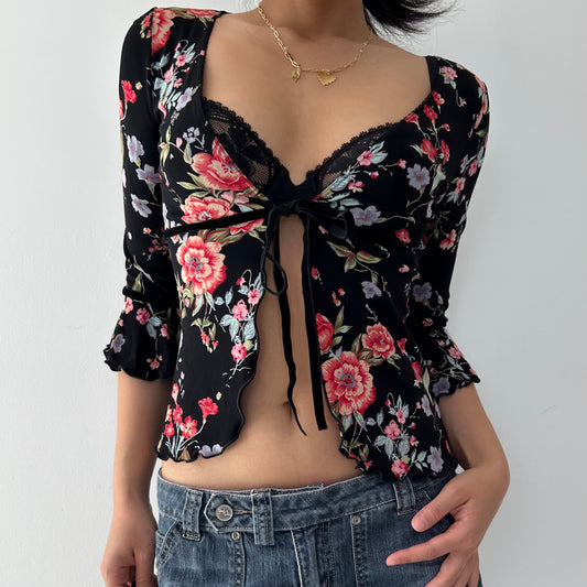 Made in USA Bebe Black Floral Tie Front Top - X-Small