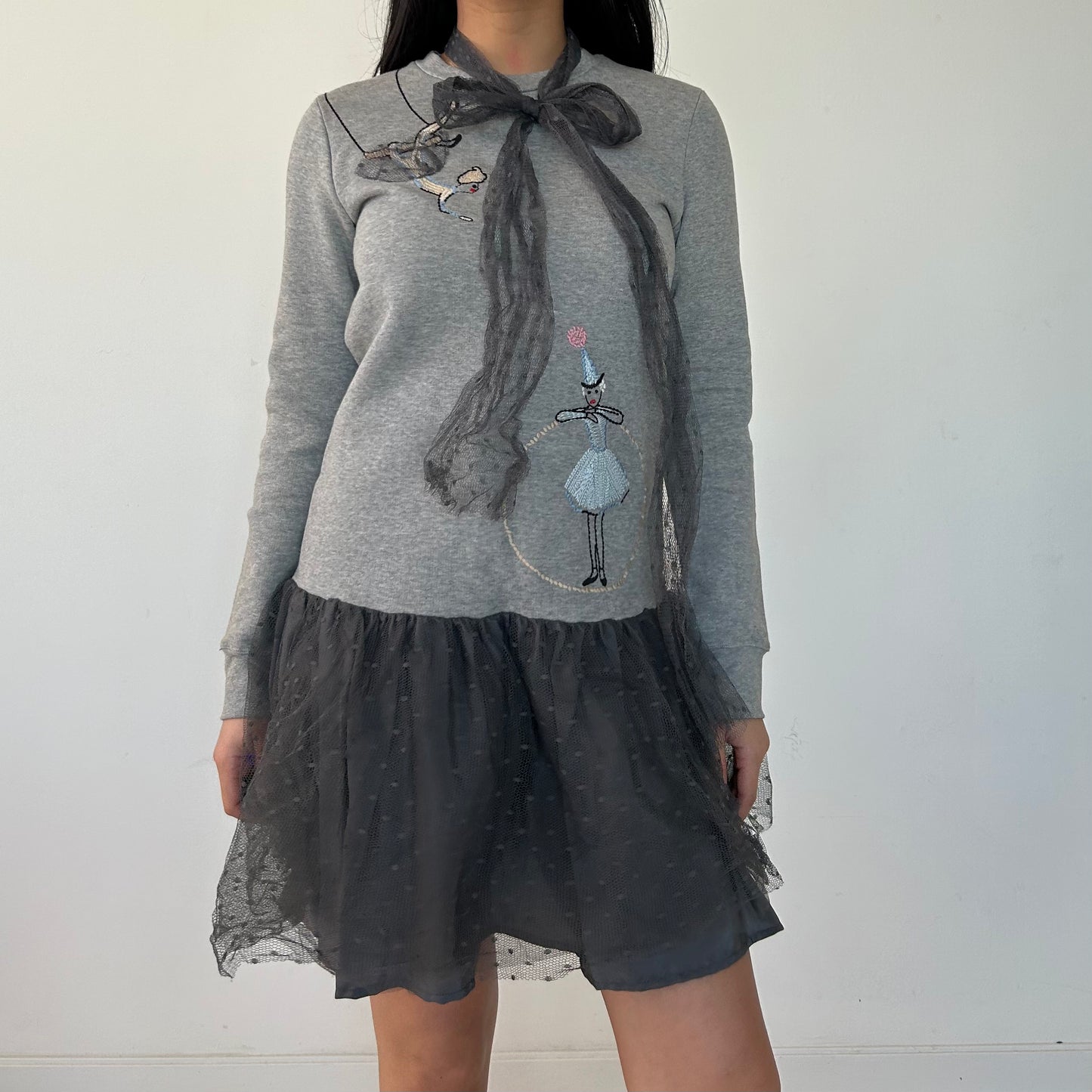 Red Valentino Pre-Fall 2015 Circus Embroidered Tulle-Layered Sweater Dress in Grey - X-Small