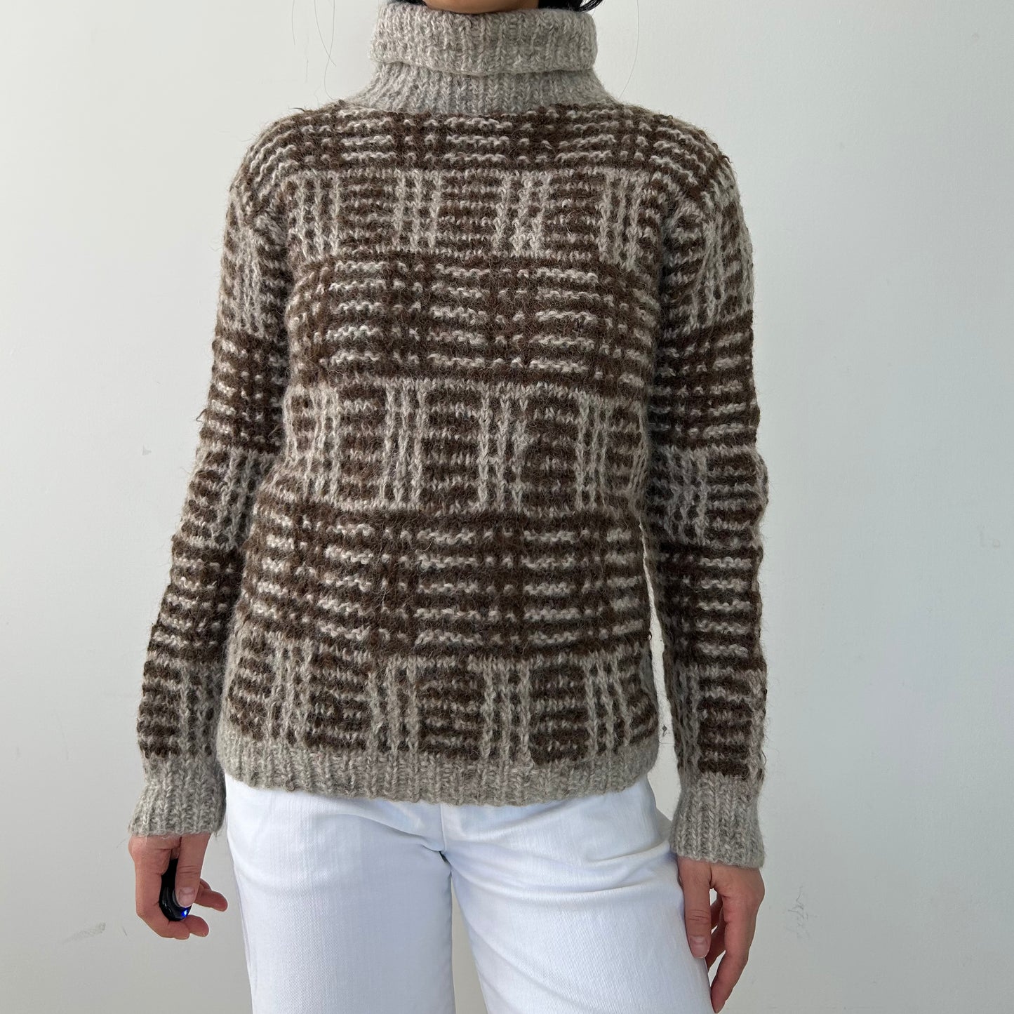 Vintage 1980s Miss Renfrew at Holt Renfrew Brown and Beige Check Knit Turtleneck - Medium