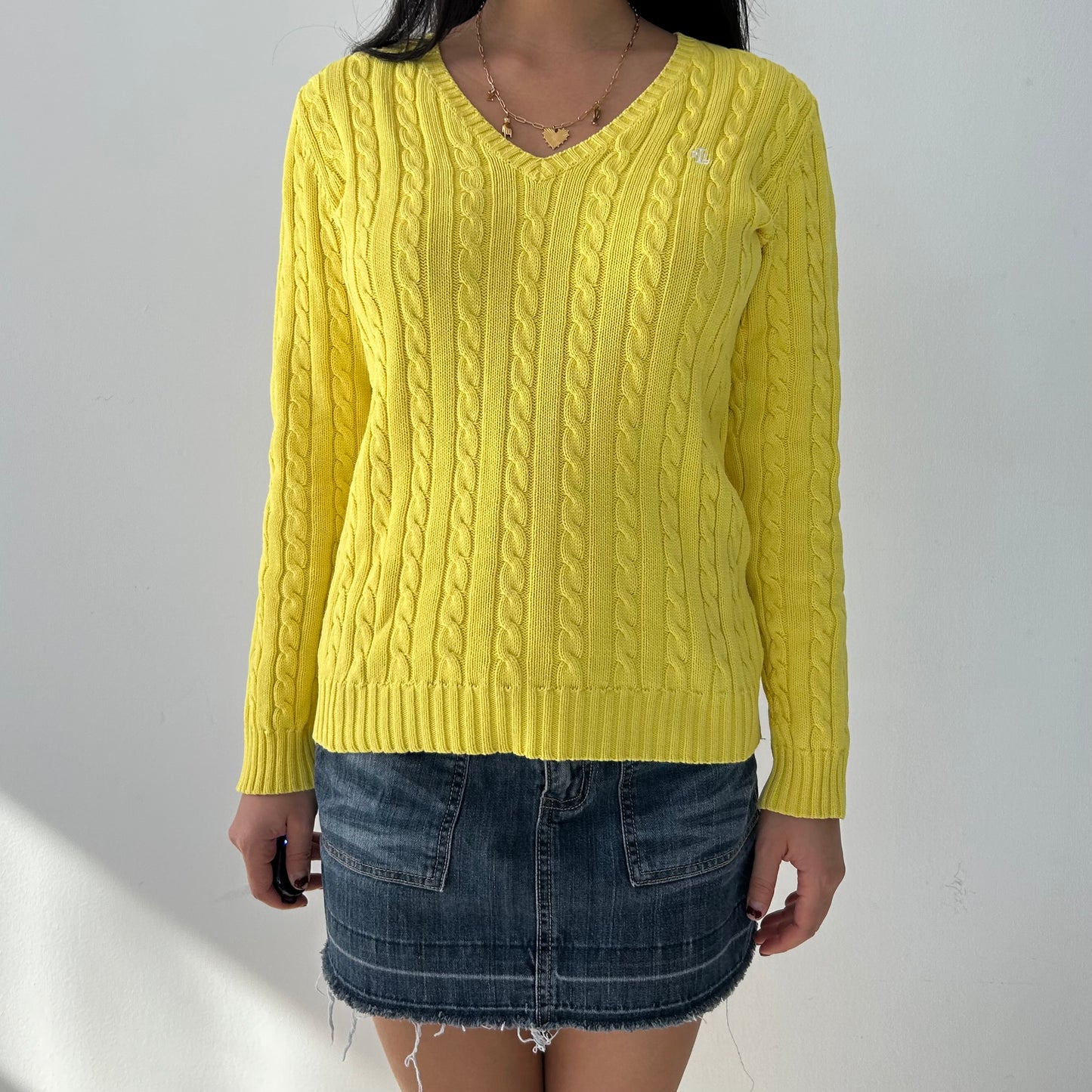 Lauren Ralph Lauren Yellow V-Neck Cable Knit Jumper - X-Small