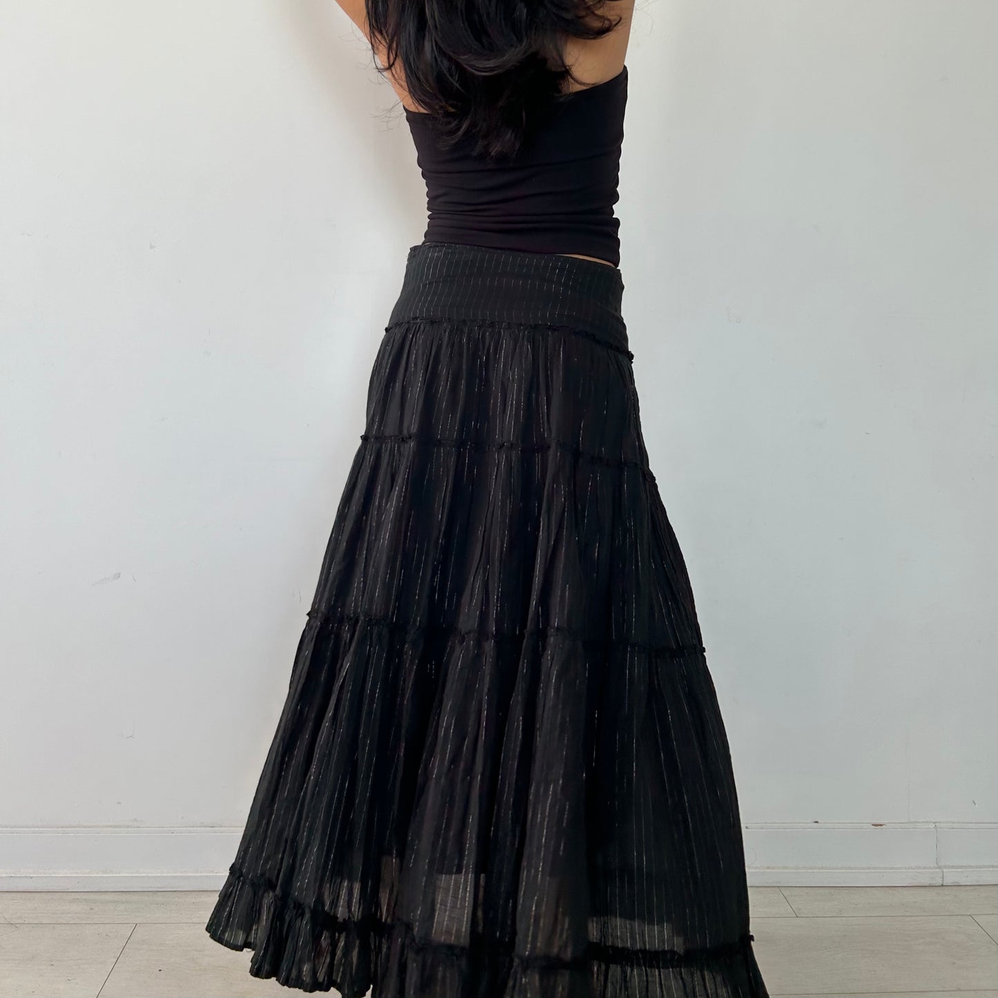 Black and Silver Pinstripe Tiered Maxi Skirt - Medium