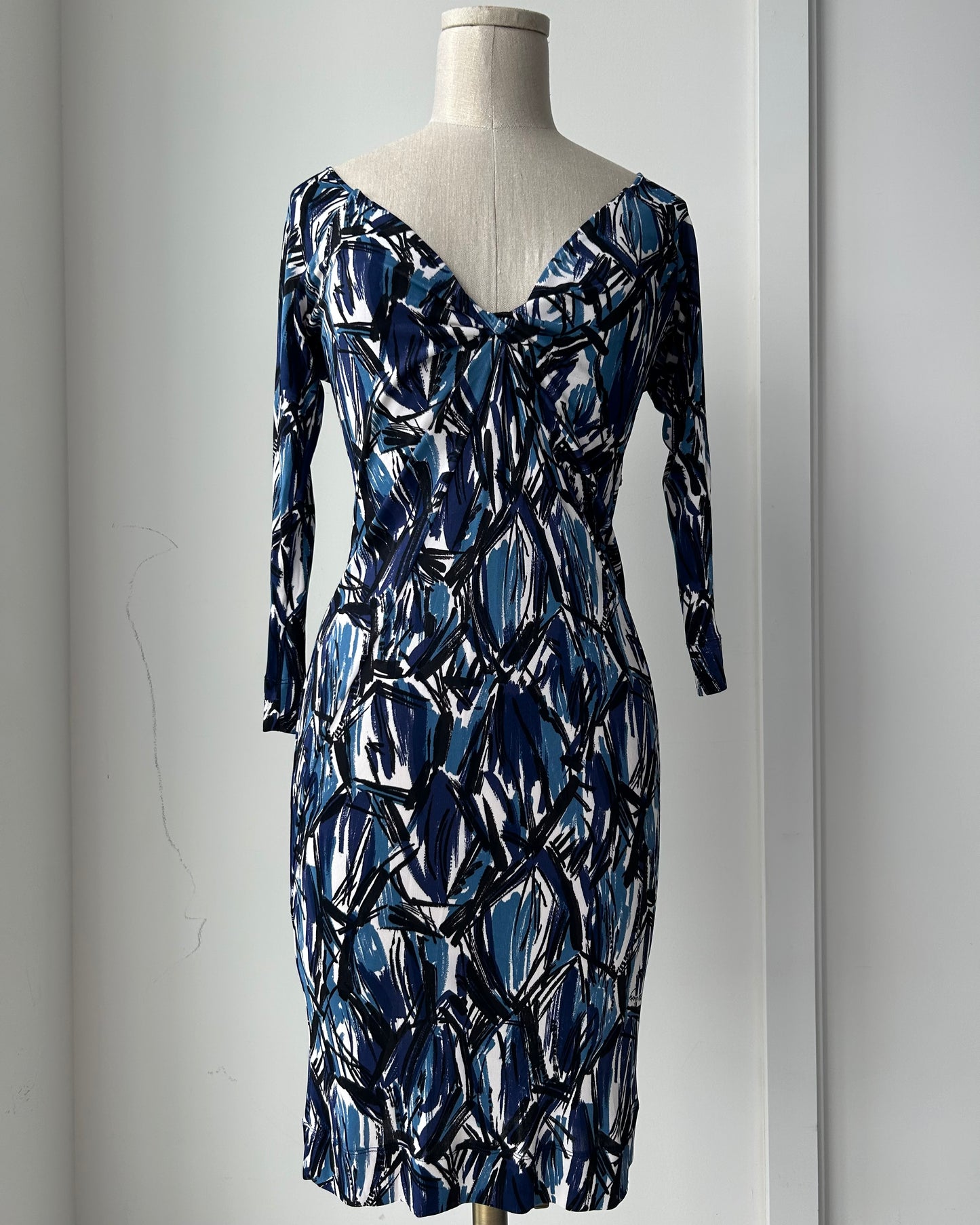 Early 2000s Miss Sixty Diamond Blue Abstract Print V-Neck Dress - Small