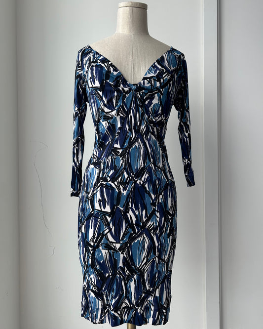Early 2000s Miss Sixty Diamond Blue Abstract Print V-Neck Dress - Small