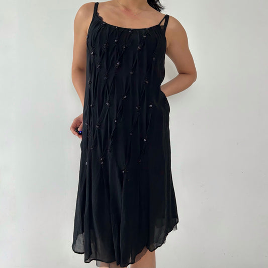 Vintage 90s Max Studio Black Beaded Mesh Mini Dress - Medium