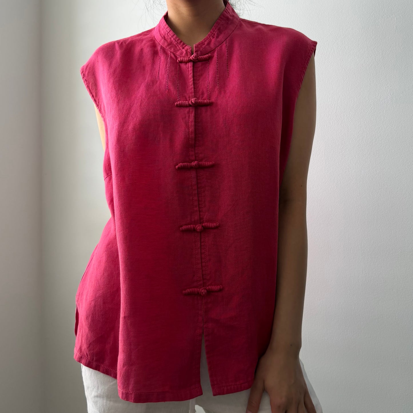 Spring Breeze Italian Hot Pink Mandarin Collar Linen Top - XX-Large