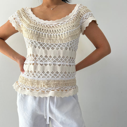 Summum Linen Blend Crochet Open-Knit Top - Large