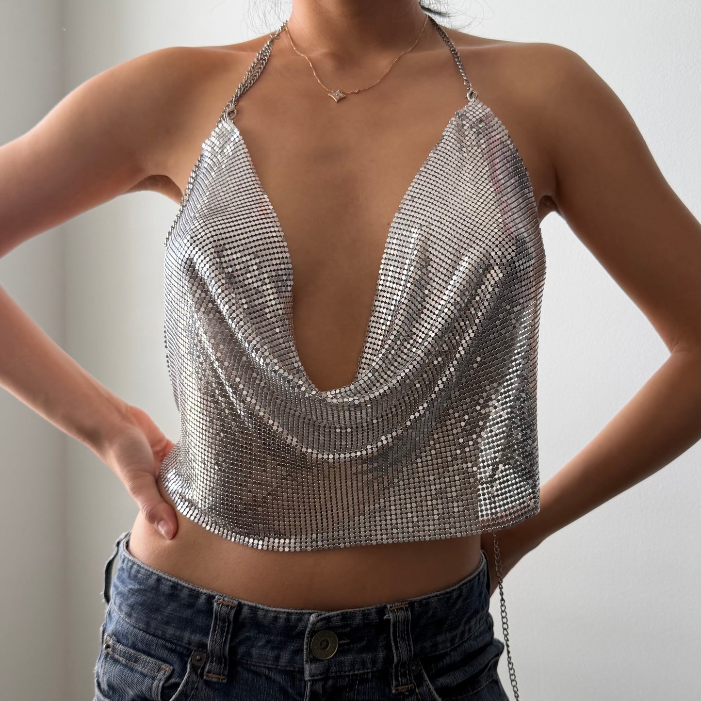 Silver Chainmail Cowl Neck Backless Top - Free Size