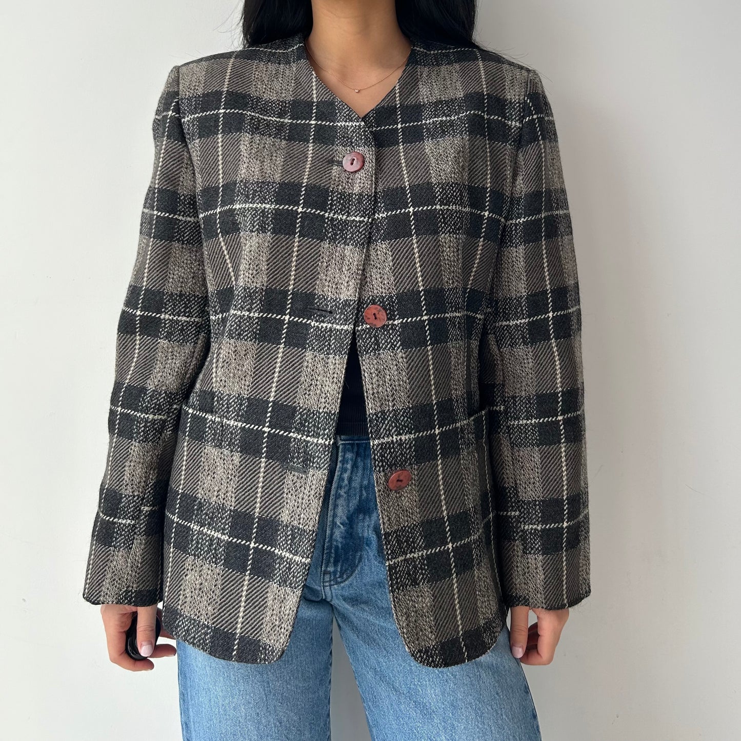 1990s Brown Plaid Pure Virgin Wool Blazer - Medium