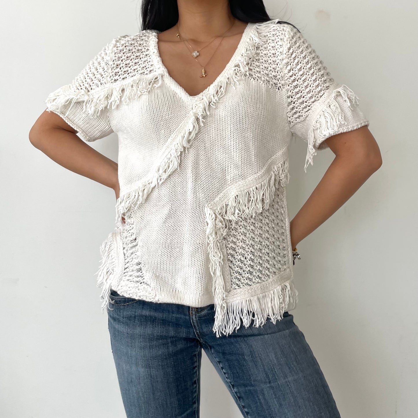 Anthropologie 9-H15 STCL White Cotton and Silk Short Sleeve V Neck Fringe Knit - Small