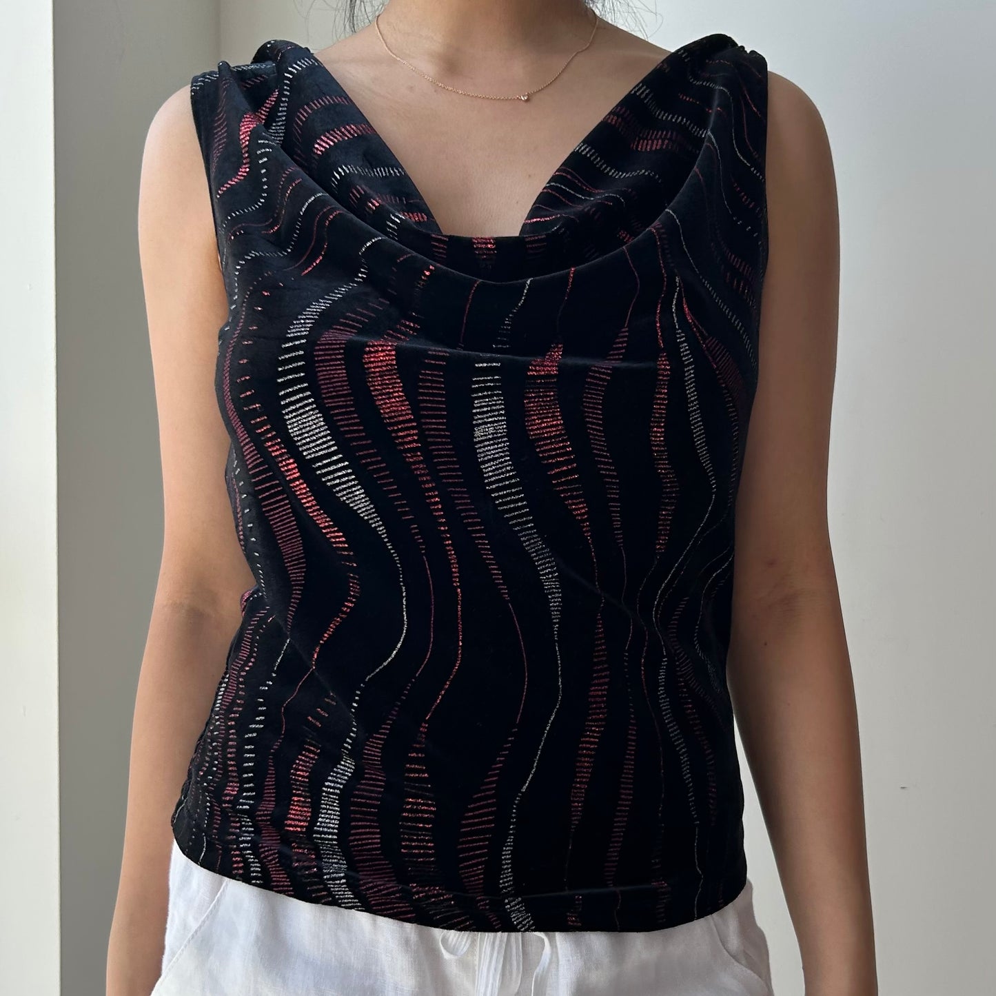 90s Made in USA Black Metallic Patterned Cowl Neck Tank - Medium