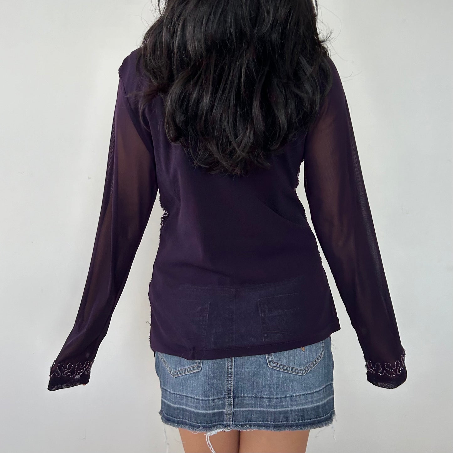 Purple Beaded Long Sleeve Mesh Top - Large