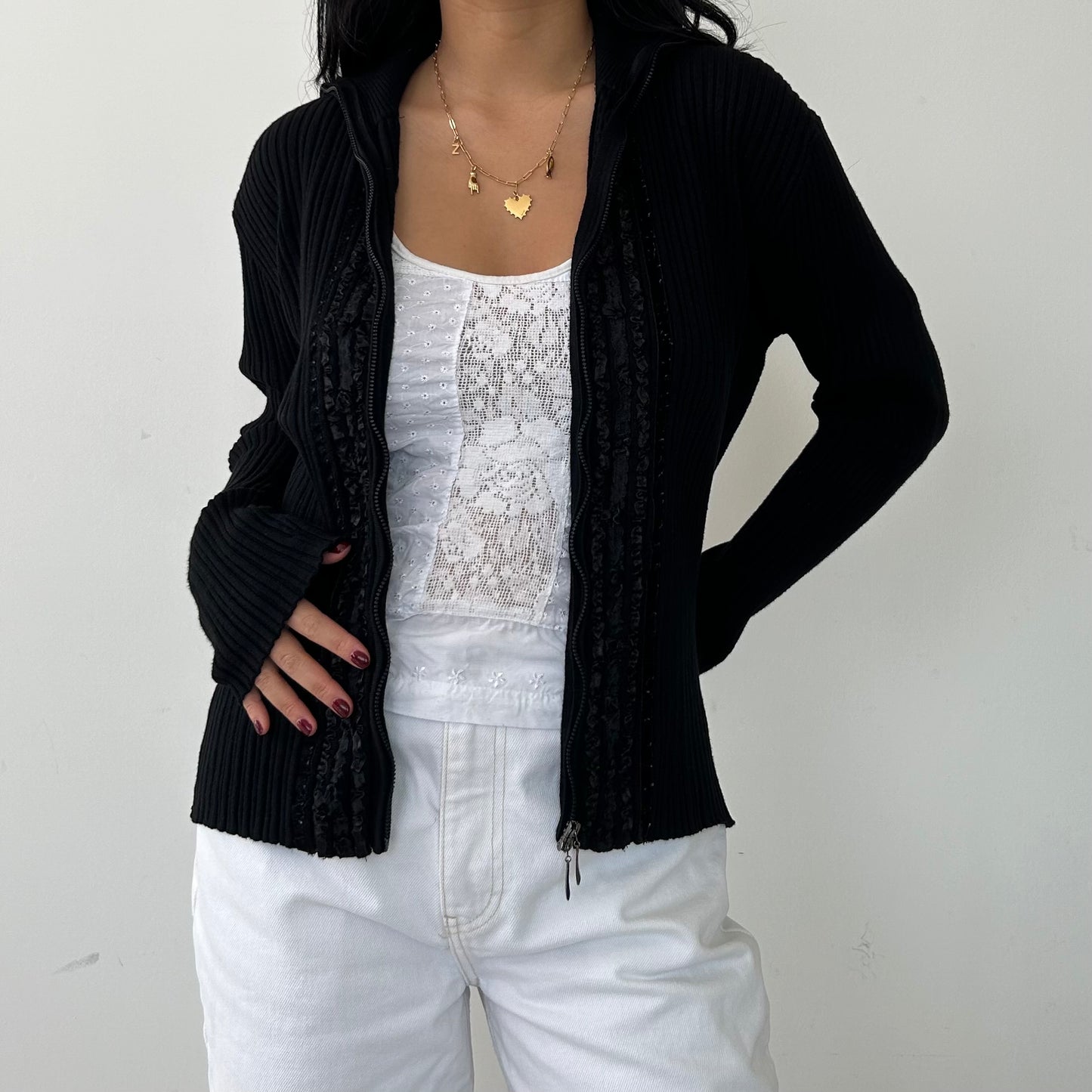 Black Double Zip Ribbed Knit Jacket - Large