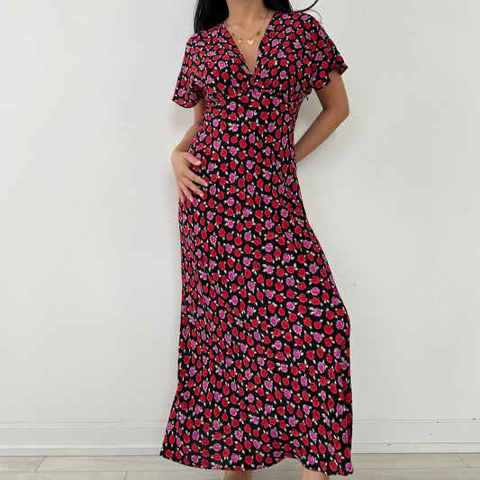 Zara Red Pink and Black Floral Print Maxi Dress - Small/Medium