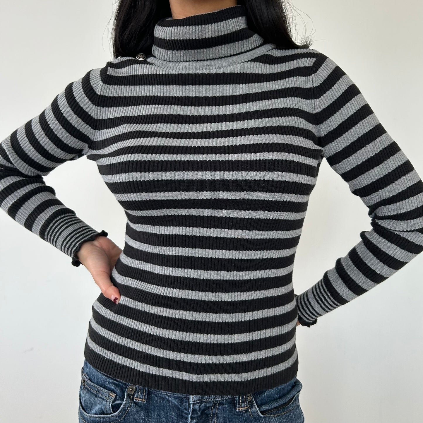 Black and Grey Striped Ribbed Knit Turtleneck Top - Medium