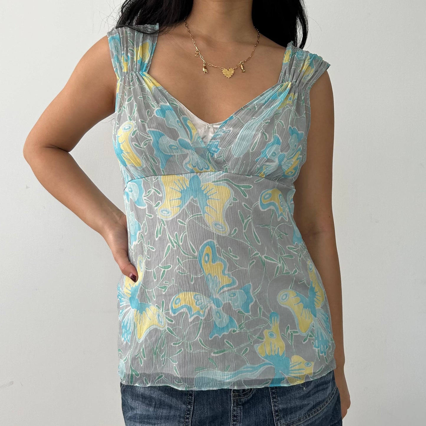 Tahari Grey Silk Butterfly Print V-Neck Blouse - Medium