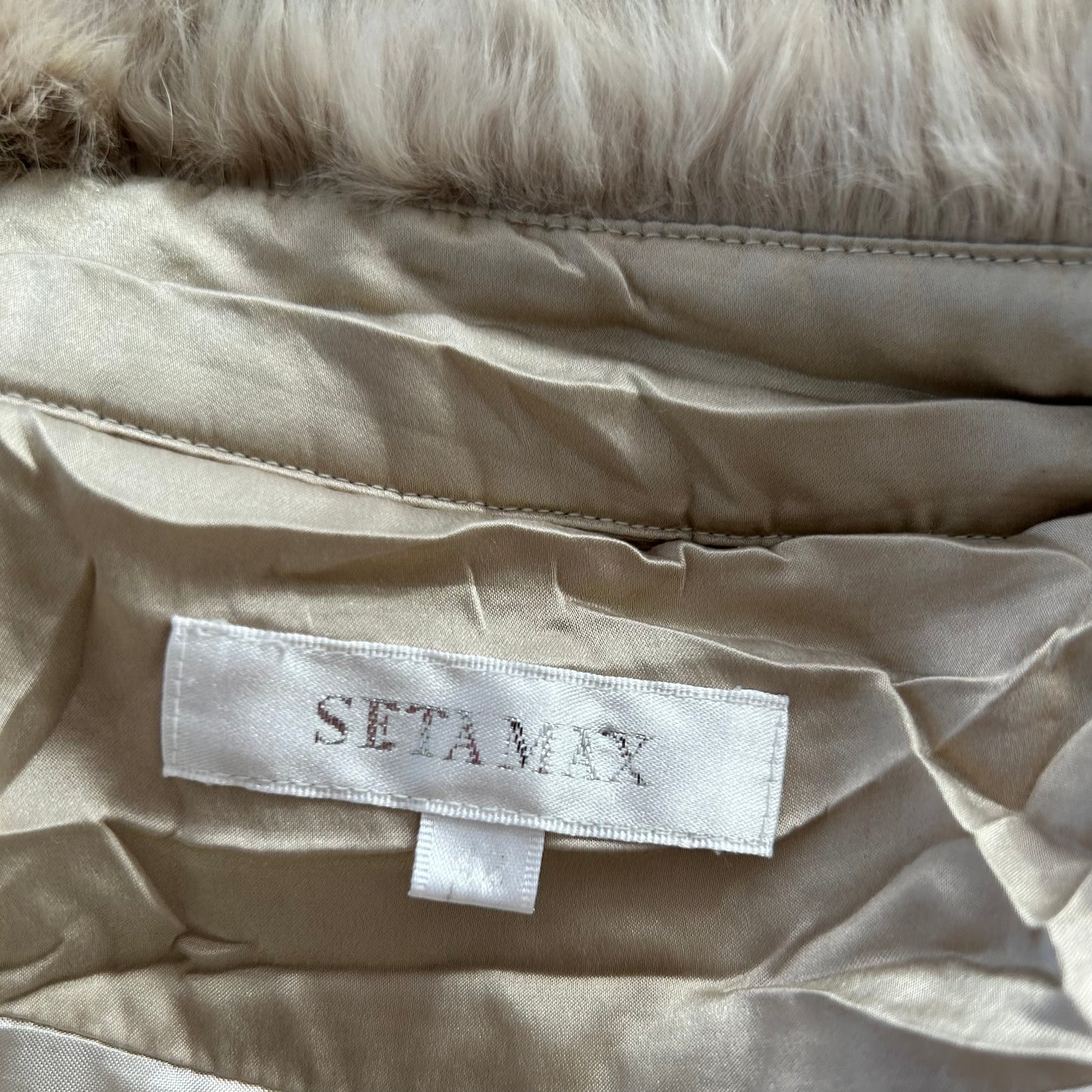 Beige Quilted Silk Bomber Jacket with Fur Collar - Medium