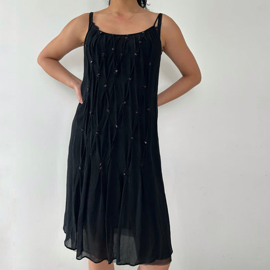 Vintage 90s Max Studio Black Beaded Mesh Mini Dress - Medium