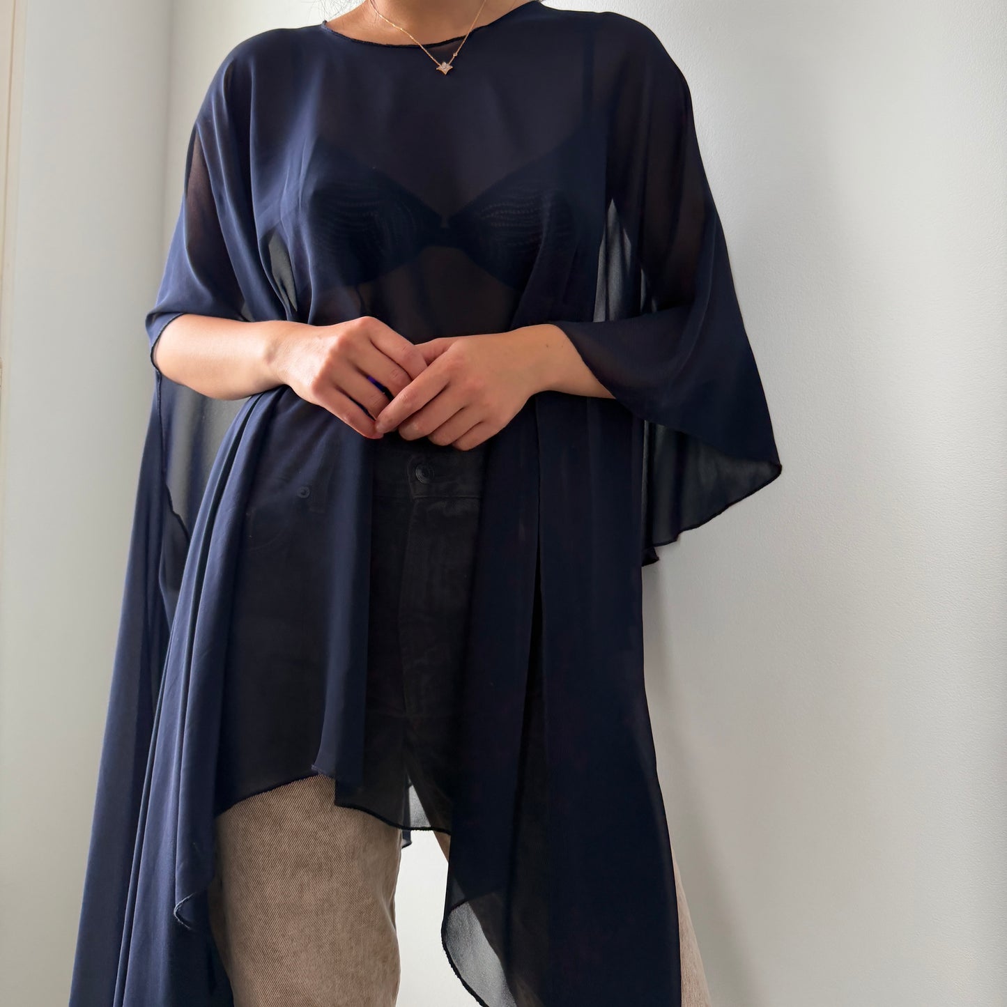 Elie Tahari Navy Sheer Asymmetric Chiffon Poncho