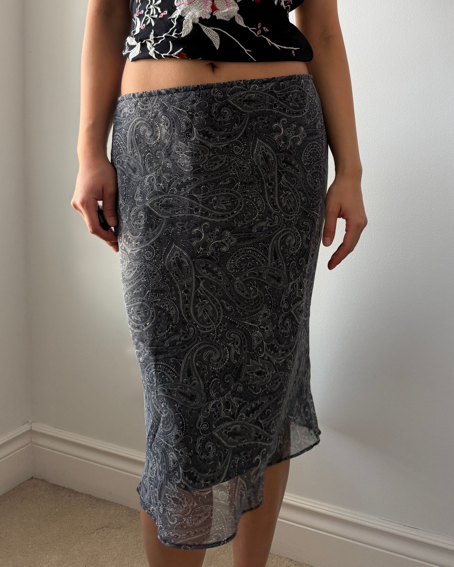 90s Made in Canada Black Paisley Slip Skirt - Medium