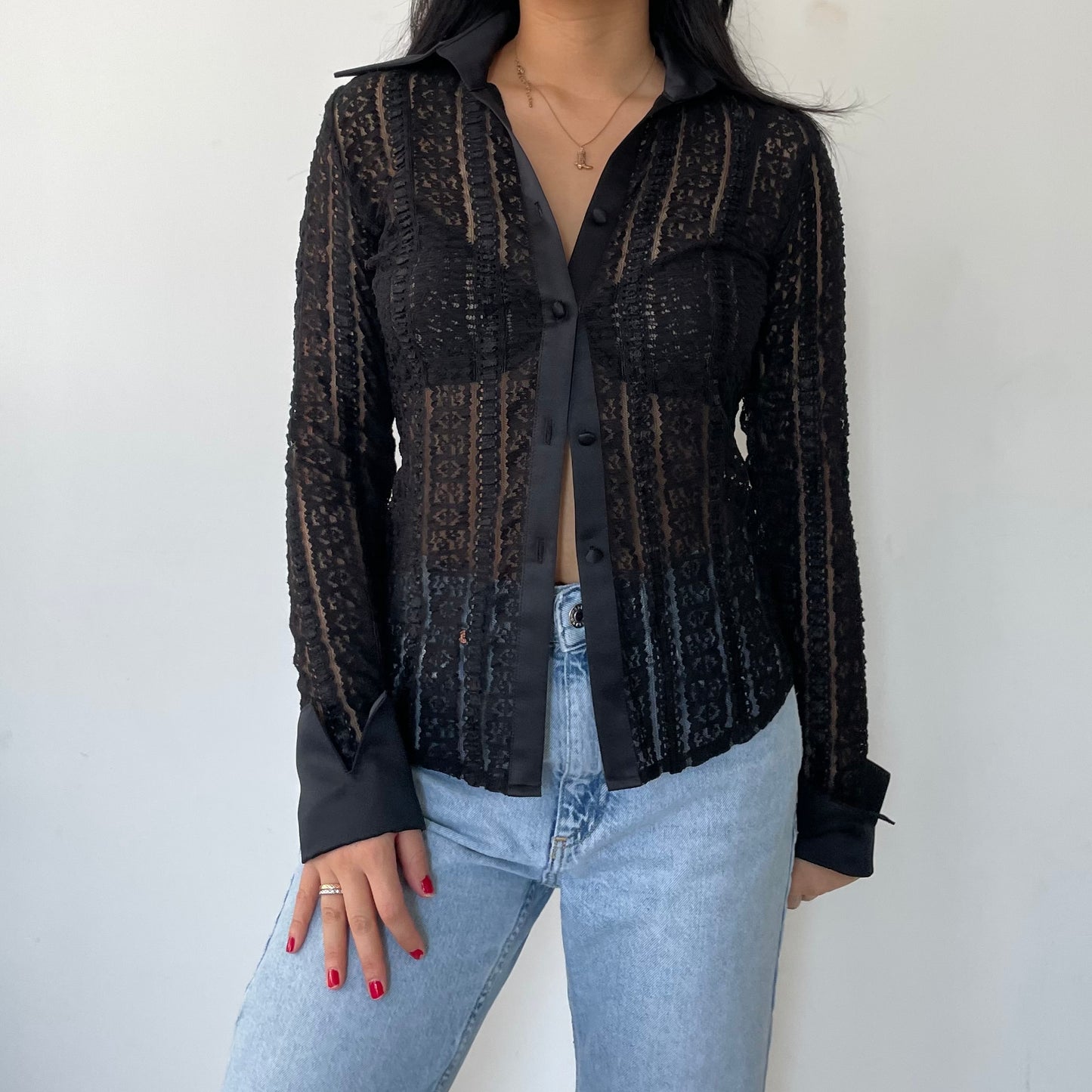 Black Sheer Lace Long Sleeve Button Up Blouse - X-Small