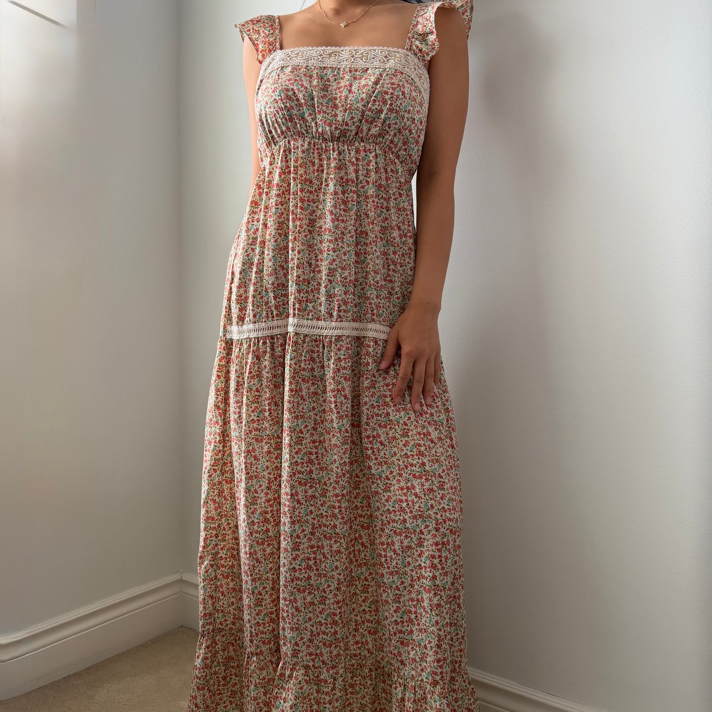 Floral Lace-Trim Tiered Maxi Dress - Medium