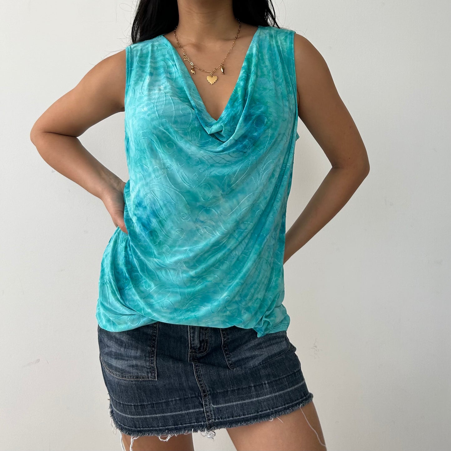 Vintage 90s Made in USA Turquoise Tie Dye Cowl Neck Tank - Large