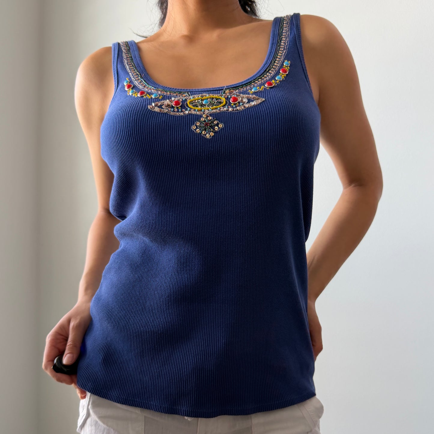 90s Laundry by Shelli Segal Blue Beaded Cotton Tank - Medium