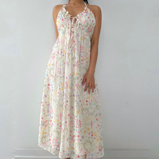 Cream Floral Maxi Halter Dress - Medium