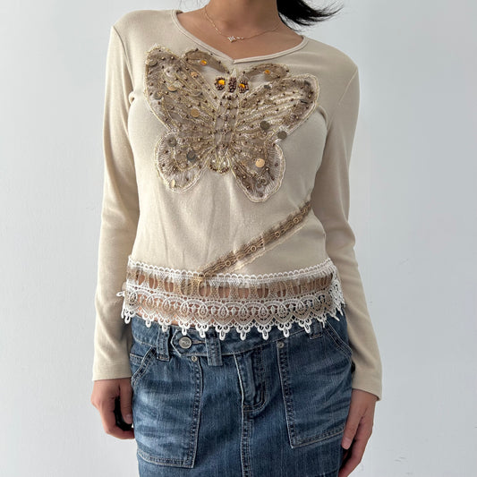 Beige Embellished Butterfly Long Sleeve Knit Top - Medium