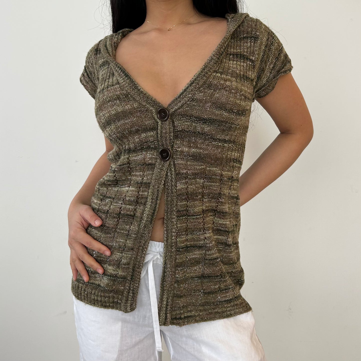 Green Short Sleeve Knit Cardigan with Hood - Small