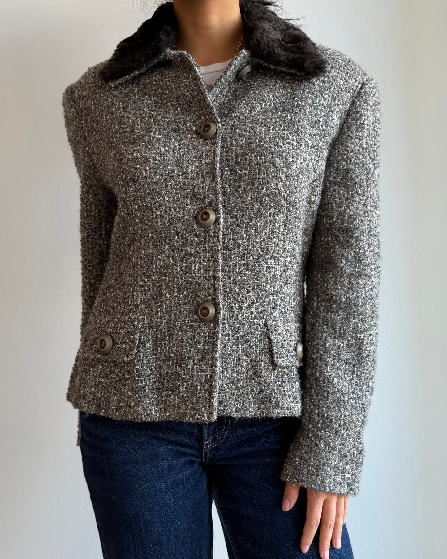 Italian Brand Grey Wool Mohair Faux Fur Collar Tweed Jacket - Medium