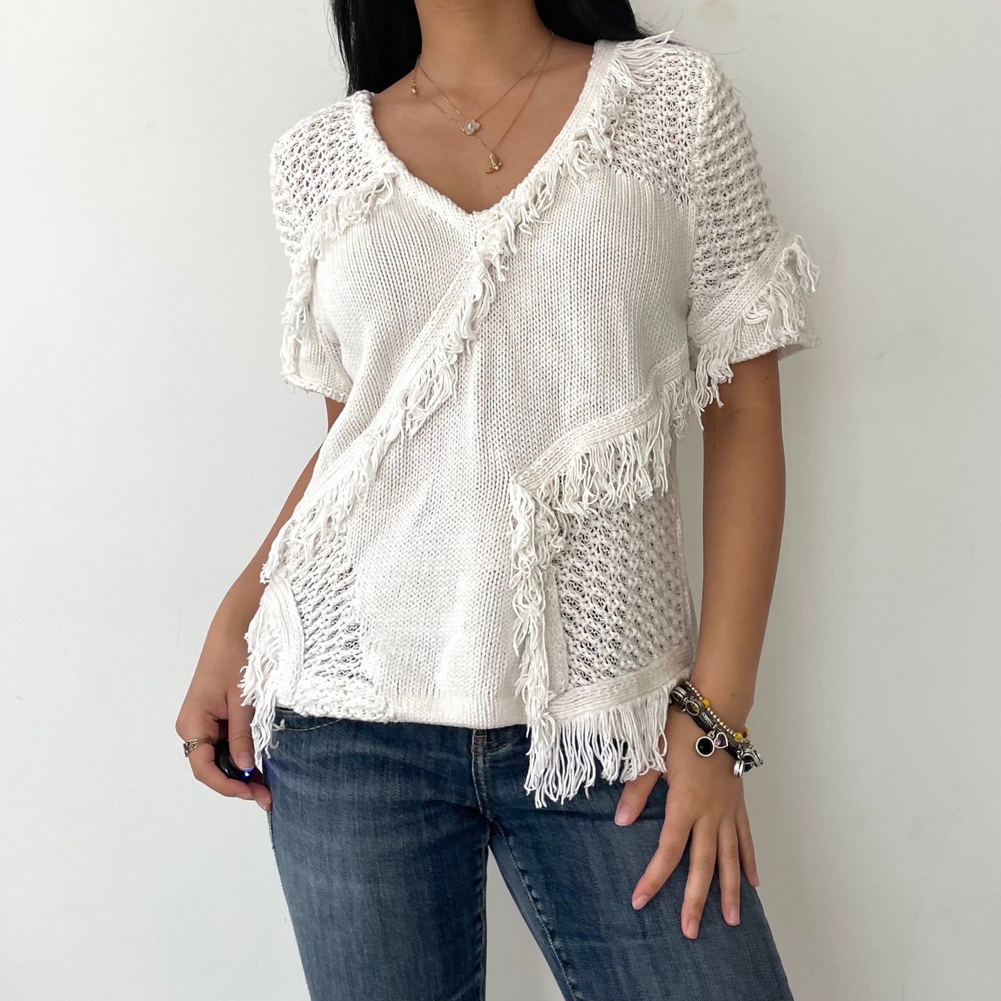 Anthropologie 9-H15 STCL White Cotton and Silk Short Sleeve V Neck Fringe Knit - Small