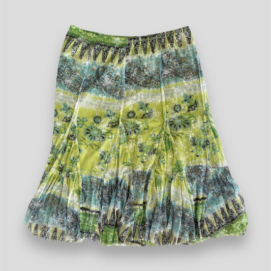 Patchington Green Mesh Overlay Sequin Floral Embroidered Fairy Midi Skirt - Large