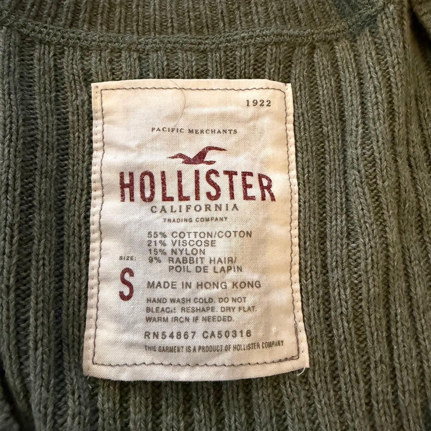 Early 2000s Hollister Olive Rabbit Hair Blend Cable Knit V-Neck Babydoll Sweater - X-Small